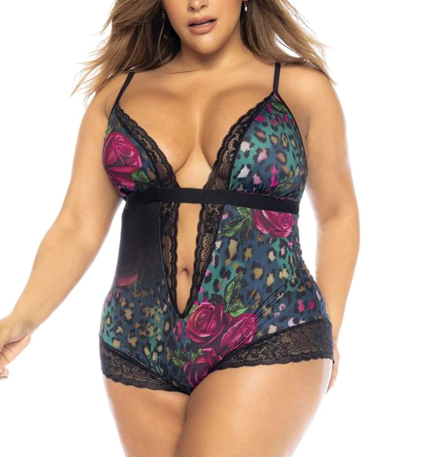 Mapale Plunge Floral and Lace Romper Teddy PLUS (7527X)3X/4X,Floral Print - Floral Print,3X/4X