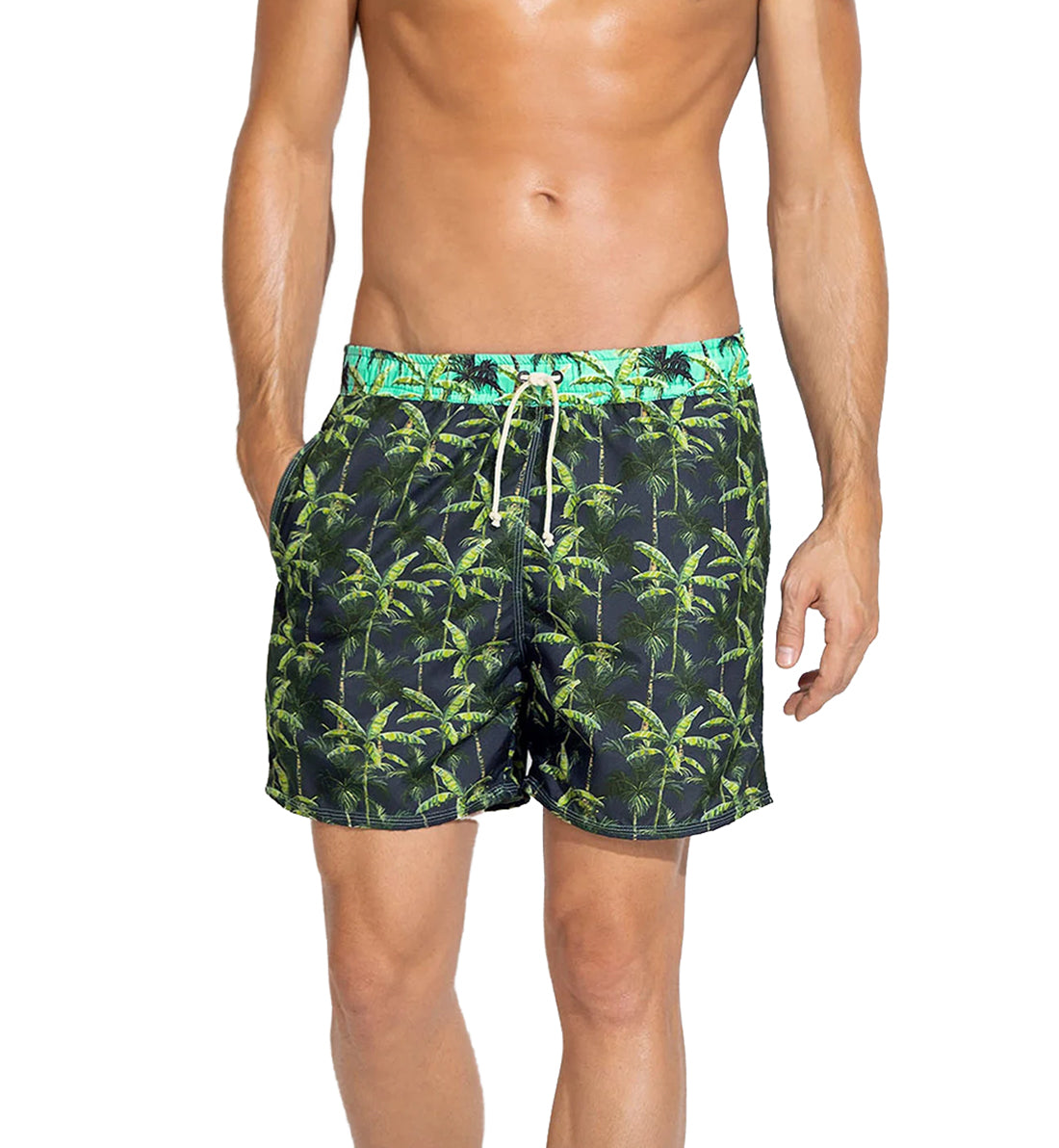 LEO Men's Short Loose Fit Contrast Swim Trunk (505024),Medium,Palm Trees Navy - Palm Trees Navy,Medium