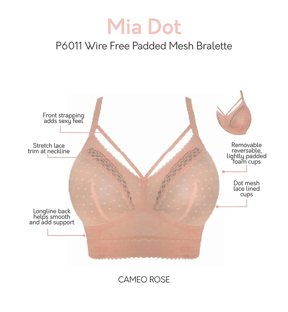 Parfait Mia Dot Wire-Free Padded Mesh Bralette (P6011),30D,Cameo Rose - Cameo Rose,30D