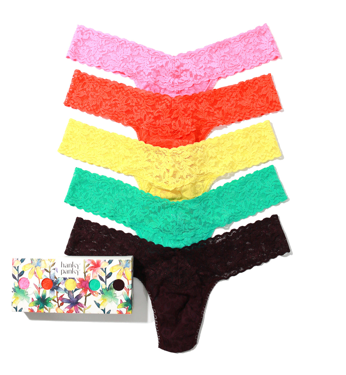 Hanky Panky 5-PACK Signature Lace Low Rise Thong (49115PK),Still Blooming - Pink/Orange Sparkle/Limoncello/Agave Green/Plum,One Size