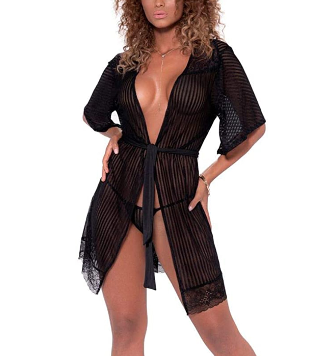 Mapale Sheer Striped Robe with Matching G-String (8478),S/M,Black - Black,S/M