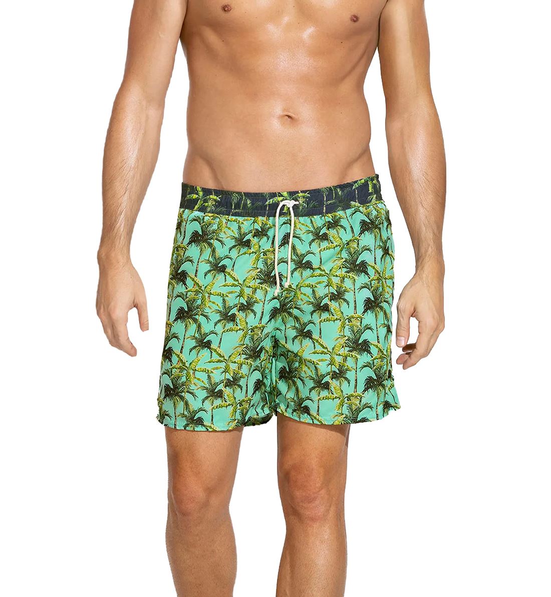 LEO Men&#39;s Short Loose Fit Contrast Swim Trunk (505024) - Palm Trees Print Green