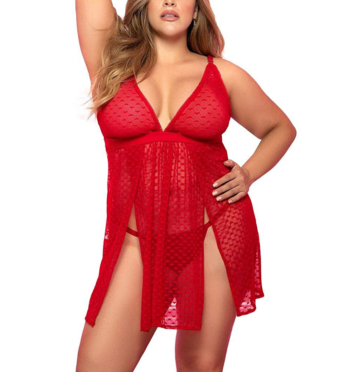Mapale Split Side Sheer Babydoll with Matching G-String Plus Size (7353X),1X/2X,Red - Red,1X/2X