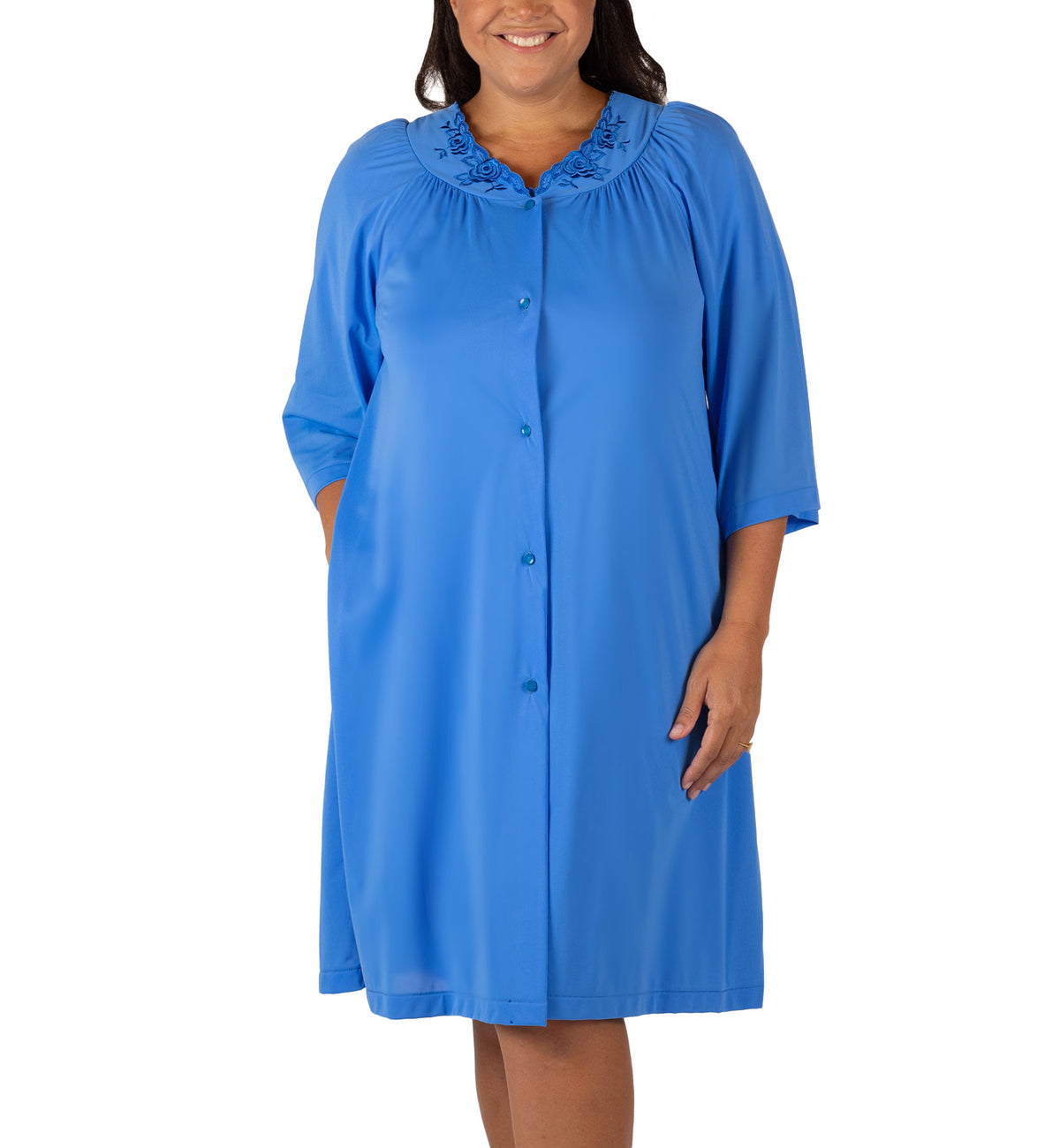 Shadowline Petals 3/4 Sleeve Button Down Short Robe (77280),S,Sapphire - Sapphire,Small