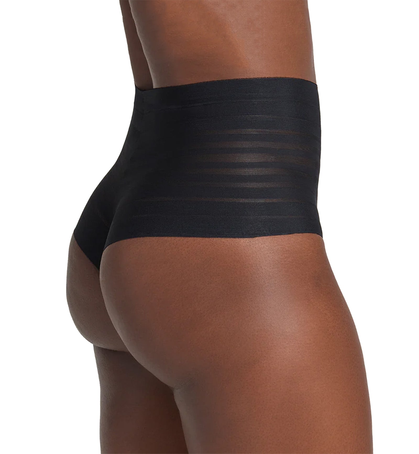 Leonisa Slimming Lace Stripe High-Waisted Thong Panty (012890),Small,Black - Black,Small