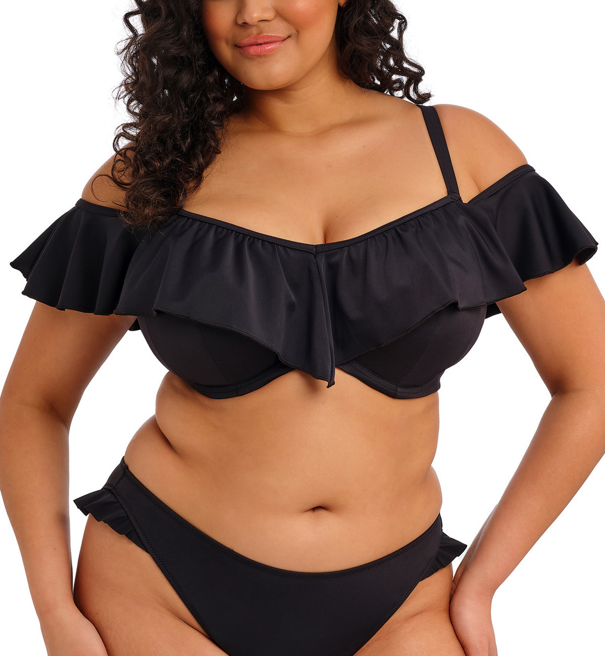 Elomi Plain Sailing Bardot Ruffle Underwire Bikini Top (ES7283),34G,Black - Black,34G