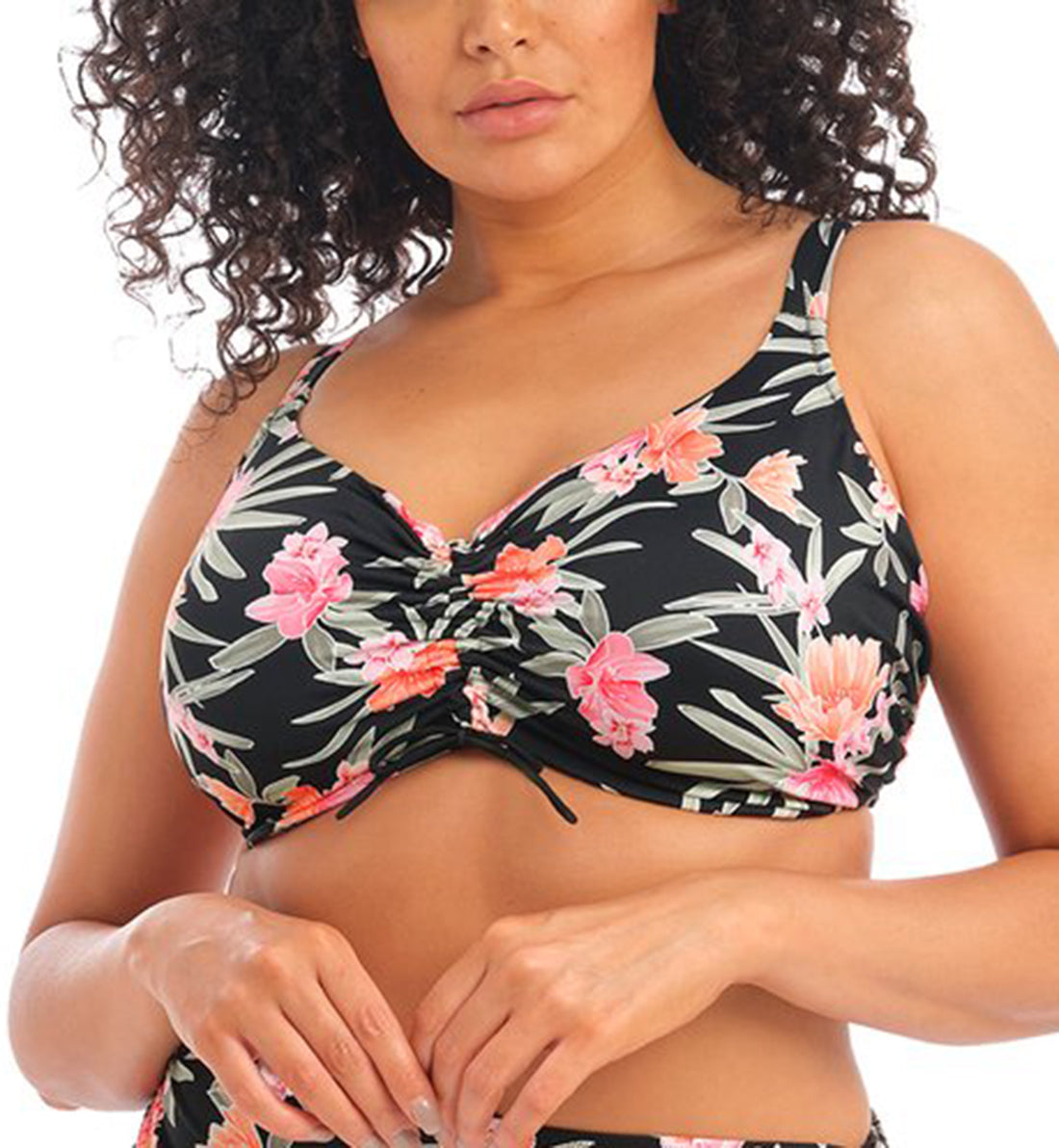 Elomi Dark Tropics Adjustable Crop Top Underwire Bikini (ES800106),40E,Black - Black,40E