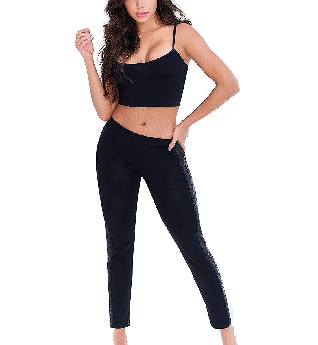 Mapale Lace Back Crop Top with Pant PJ set (7316),Small,Black - Black,Small