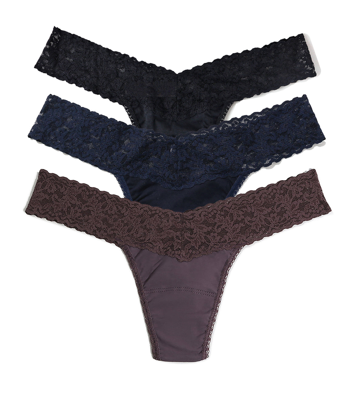 Hanky Panky 3-PACK Cotton Low Rise Thong (8915813PK),Black/Navy/Dusk - Black/Navy/Dusk,One Size