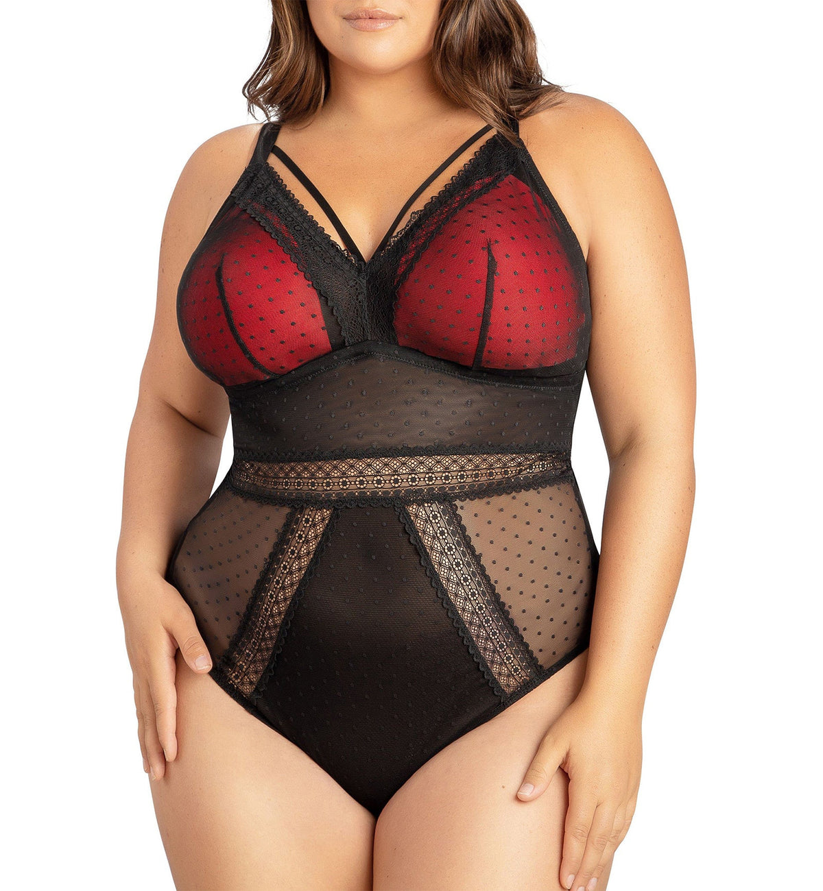 Parfait Mia Dot Wire-Free Padded Mesh Bodysuit (P6017),Small,Black - Black,Small
