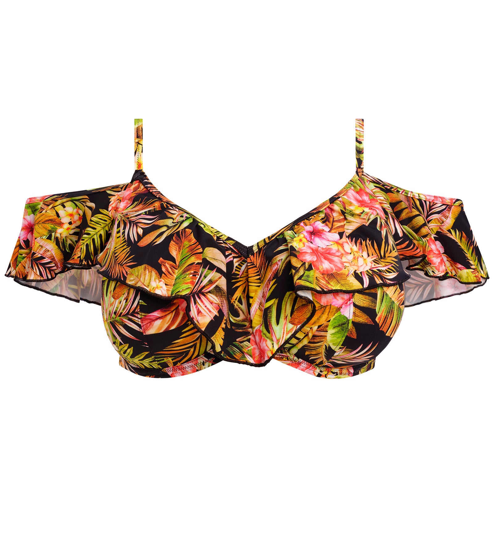 Elomi Tiger Valley Bardot Ruffle Underwire Bikini Top (ES802306),34G,Black - Black,34G