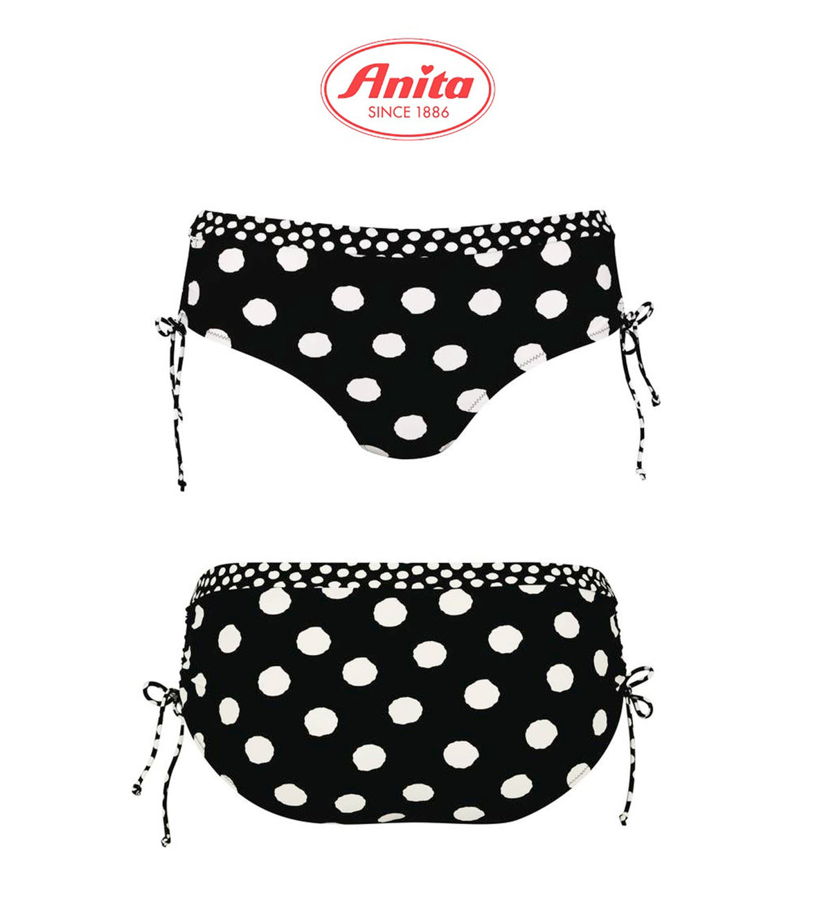 Anita Summer Dot Ebru Adjustable Side Hipster Swim Bottom (8810-0),Small,Black/White - Black/White,Small