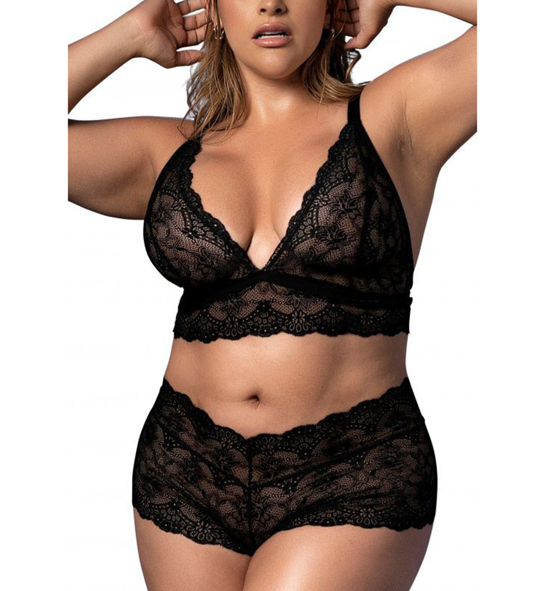 Mapale 2pc Set PLUS: Lace Plunge Bralette, High Waist Cheeky Panty (8638X),1X/2X,Black - Black,1X/2X