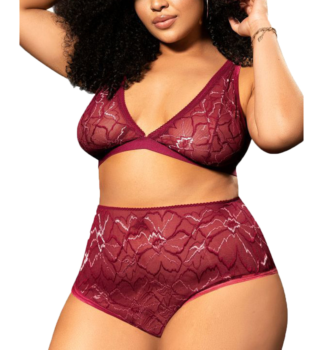 Mapale 2pc Set PLUS: Triangle Bralette, High Waist Panty (8648X),1X/2X,Burgundy - Burgundy,1X/2X