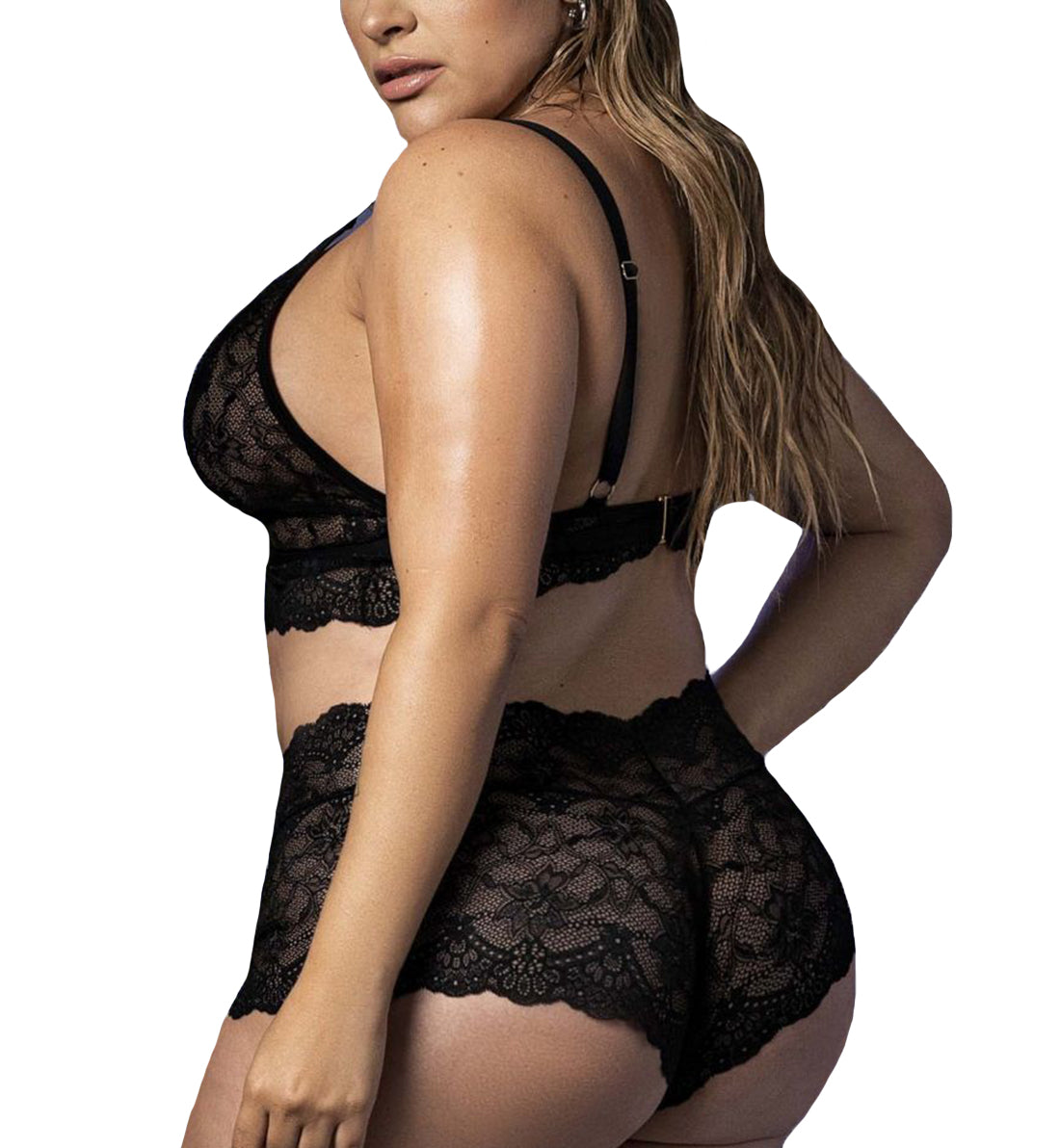 Mapale 2pc Set PLUS: Lace Plunge Bralette, High Waist Cheeky Panty (8638X),1X/2X,Black - Black,1X/2X