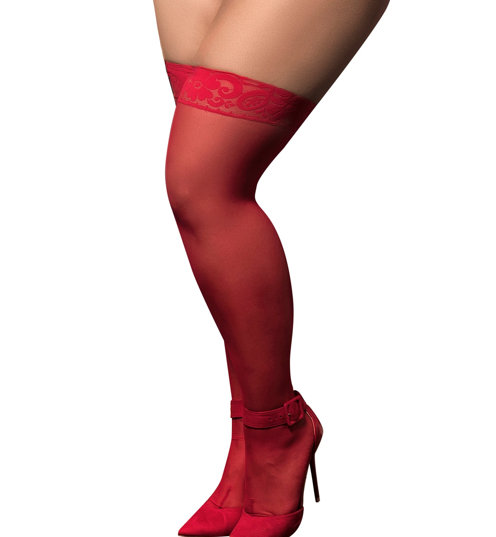 Mapale Mesh & Lace Thigh High Stockings PLUS (1094X),Red - Red,One Size