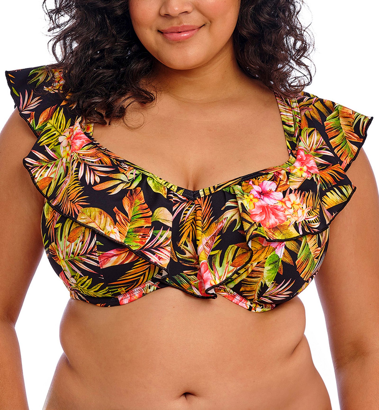 Elomi Tiger Valley Bardot Ruffle Underwire Bikini Top (ES802306),34G,Black - Black,34G