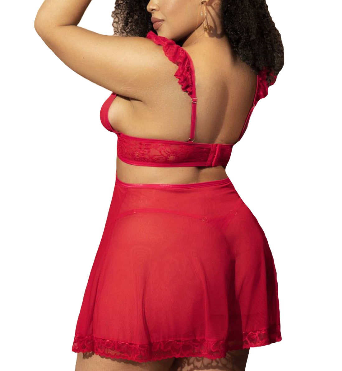 Mapale 2-in-1 Set PLUS: Longline Bralette, Removable Babydoll Skirt, Thong (7386X),1X/2X,Red - Red,1X/2X