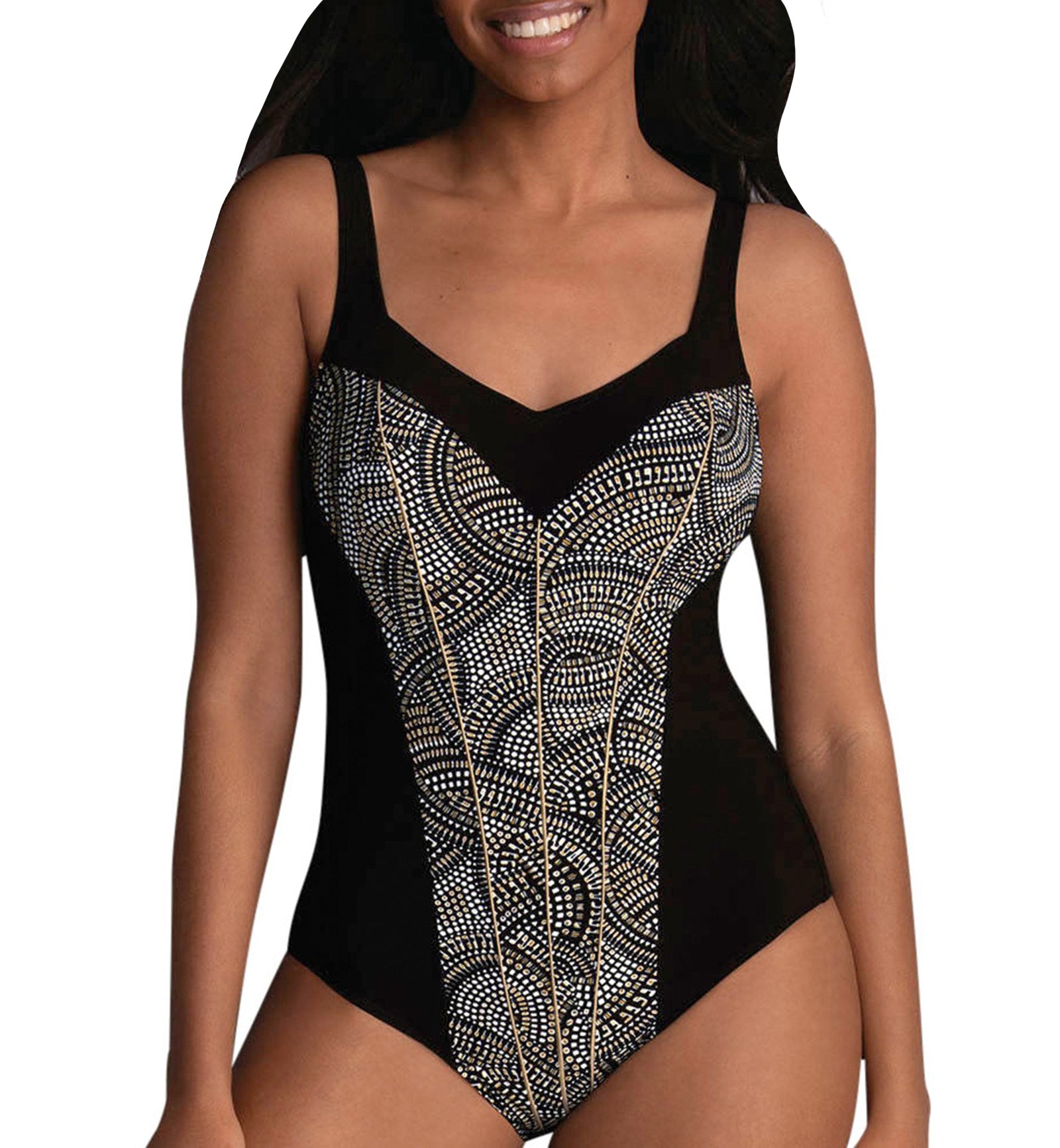 Anita Amber Glow Teresa Slimming Support One Piece Swimsuit (7372),34E,Black/Gold - Black/Gold,34E