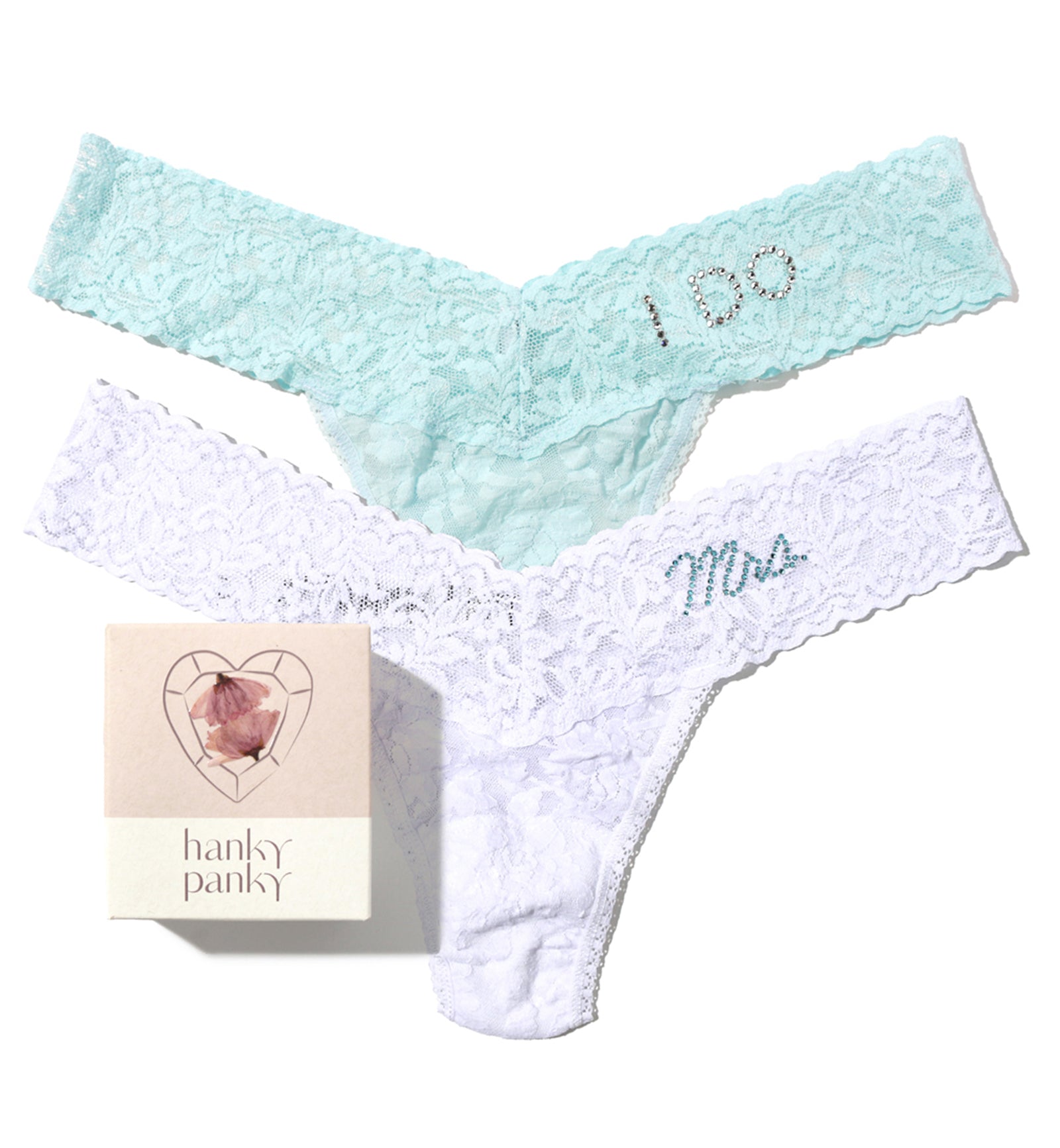Hanky Panky Bridal I DO & MRS Low Rise Thong 2-PACK (49MRSBX),White/Celeste - White/Celeste,One Size