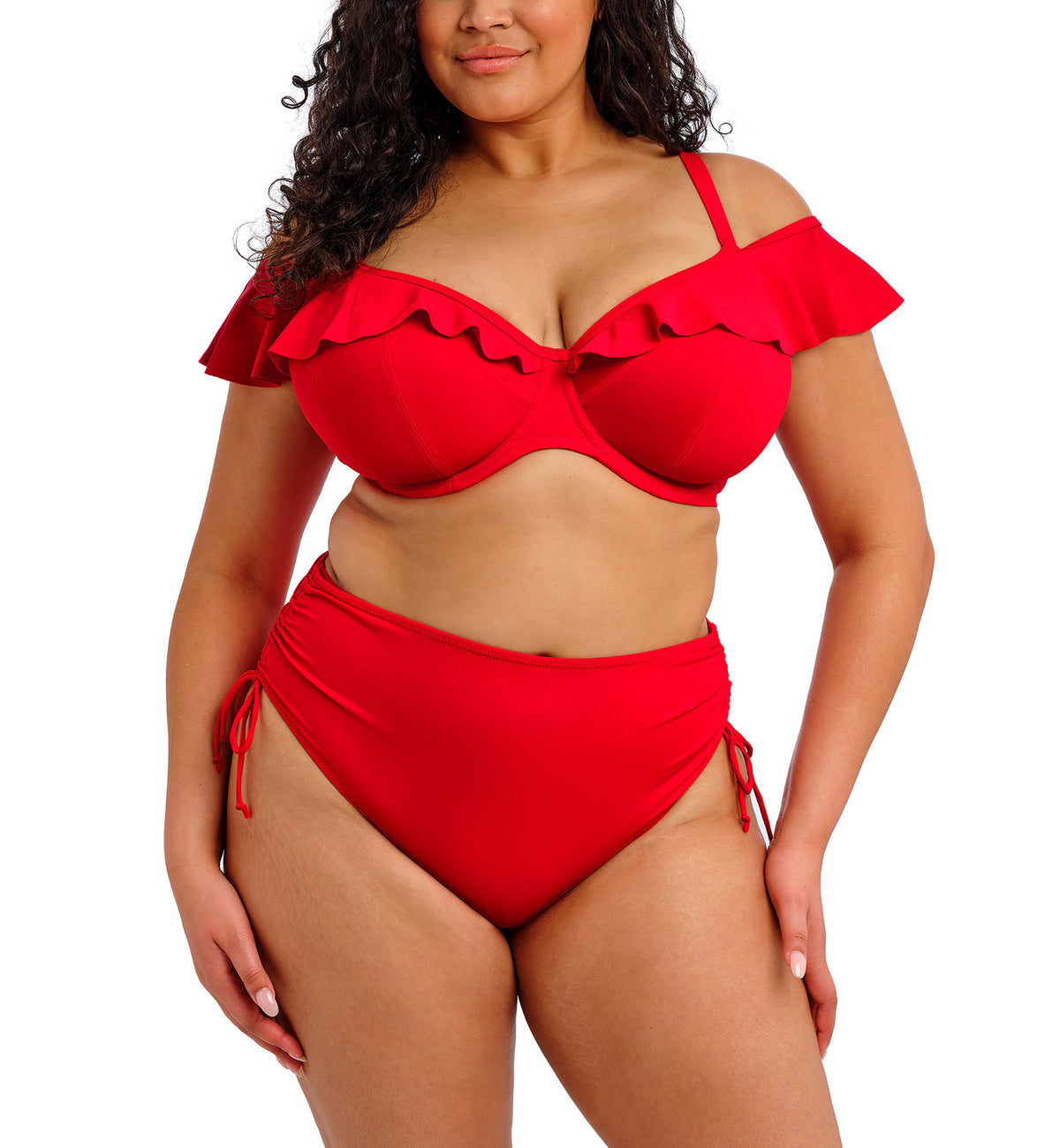 Elomi Plain Sailing Bardot Ruffle Underwire Plunge Bikini Top (ES7282),34G,Lava - Lava,34G