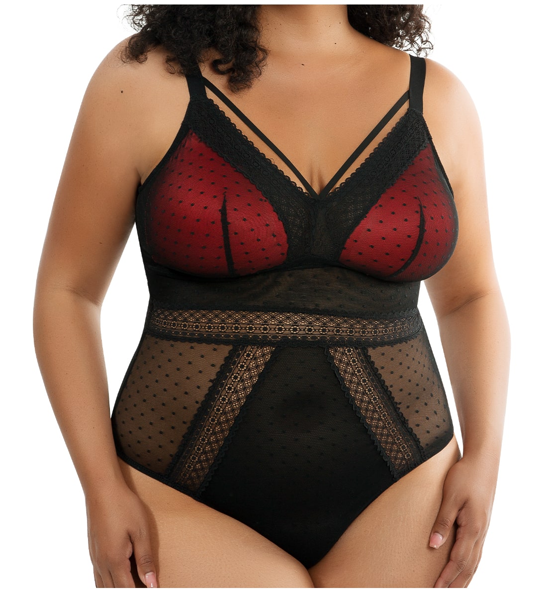 Parfait Mia Dot Wire-Free Padded Mesh Bodysuit (P6017),Small,Black - Black,Small