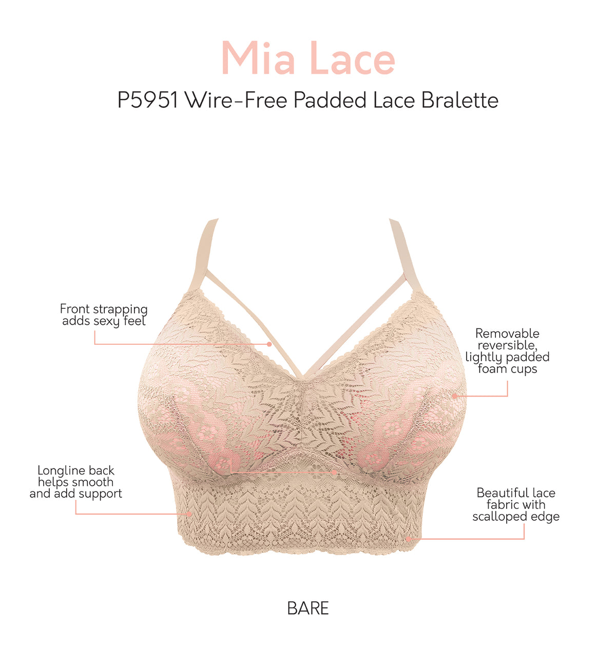Parfait Mia Lace Wireless Longline Bralette (P5951),30D,Bare - Bare,30D