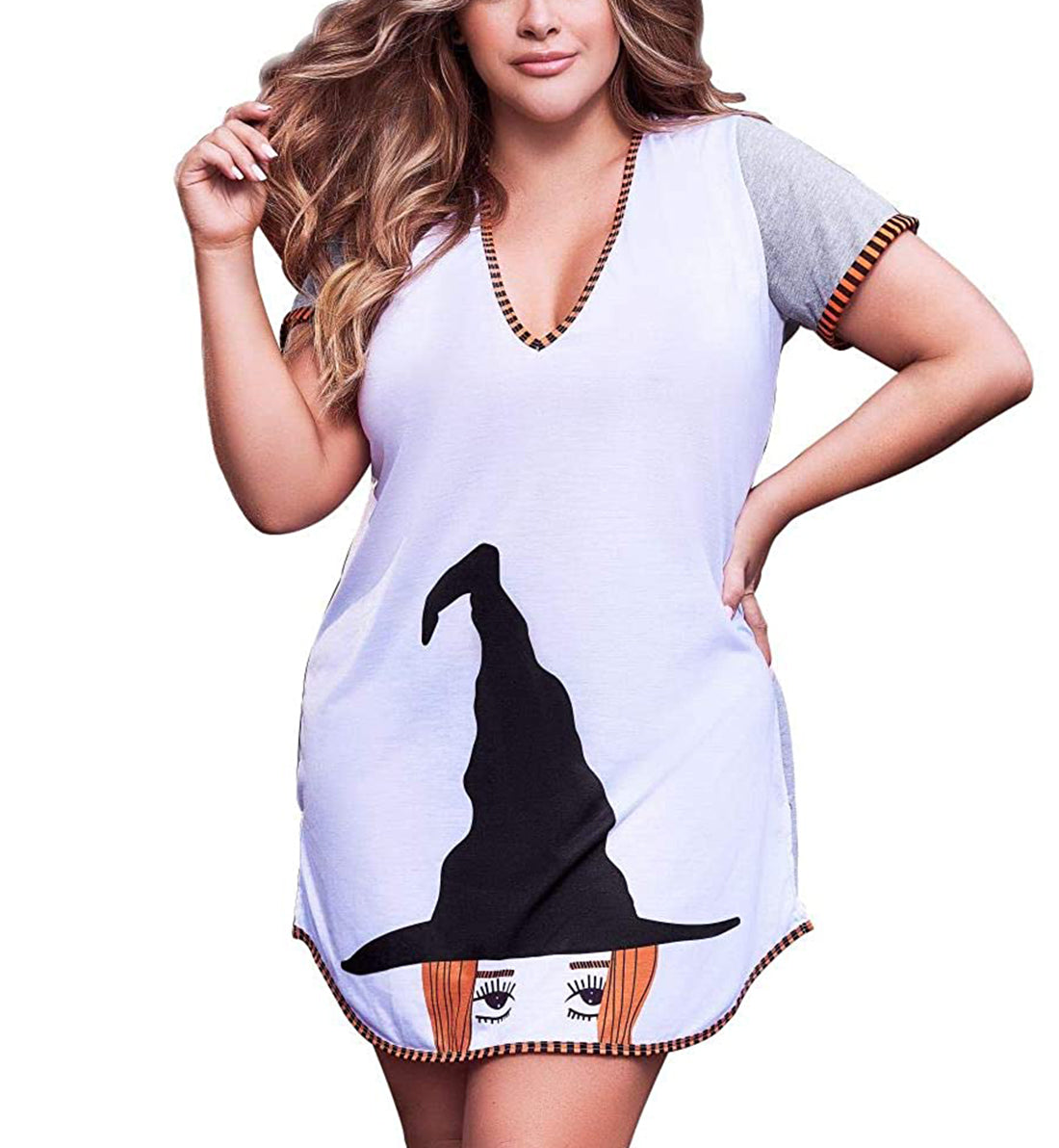Mapale Halloween Witch Long Sleep Shirt Plus Size (7323X),1X/2X,Grey/White Print - Grey/White Print,1X/2X