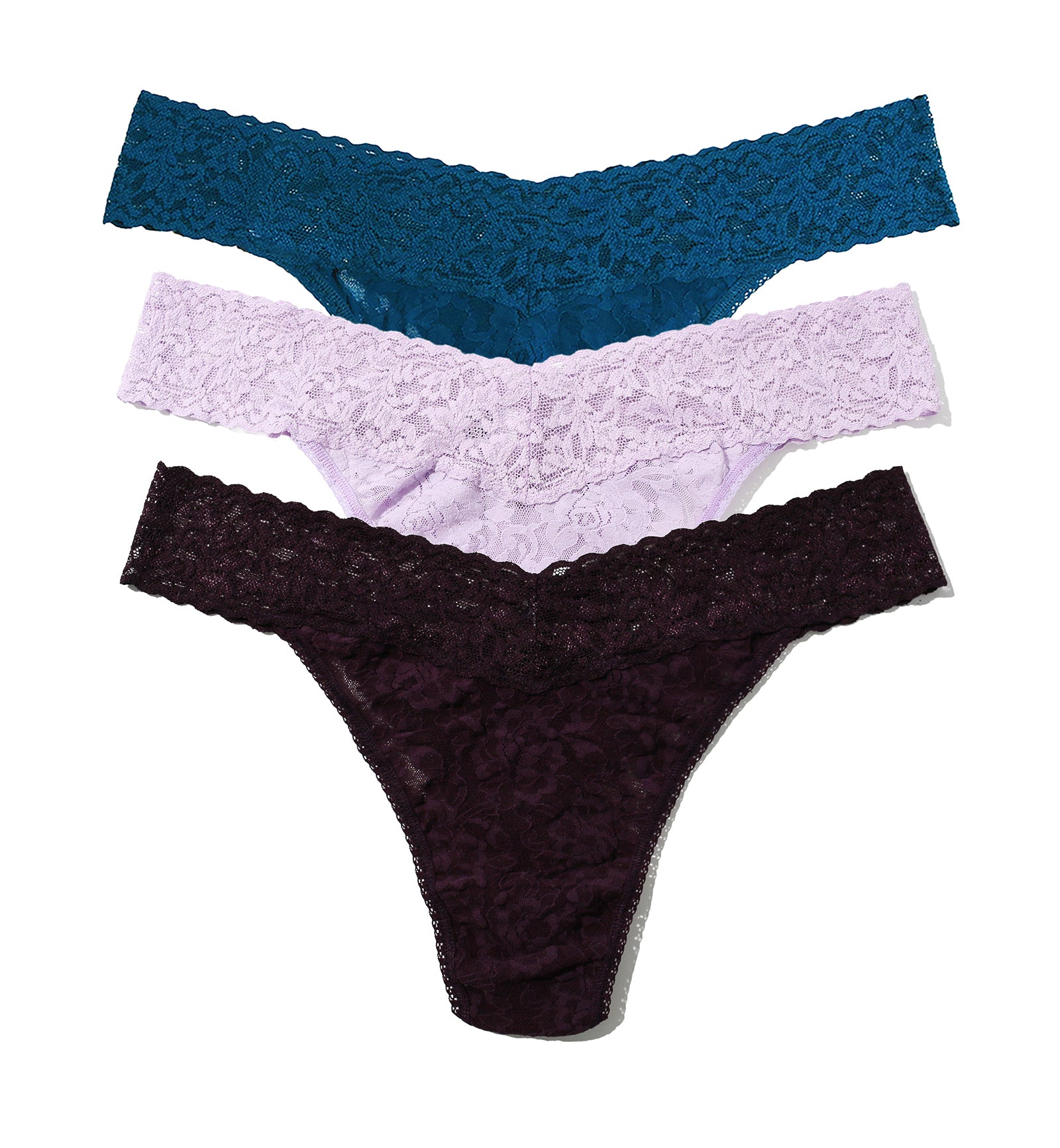 Hanky Panky 3-PACK Signature Lace Original Rise Thong (48113PK),HLPP - Hot Teal/Lavender Fields/Plum,One Size