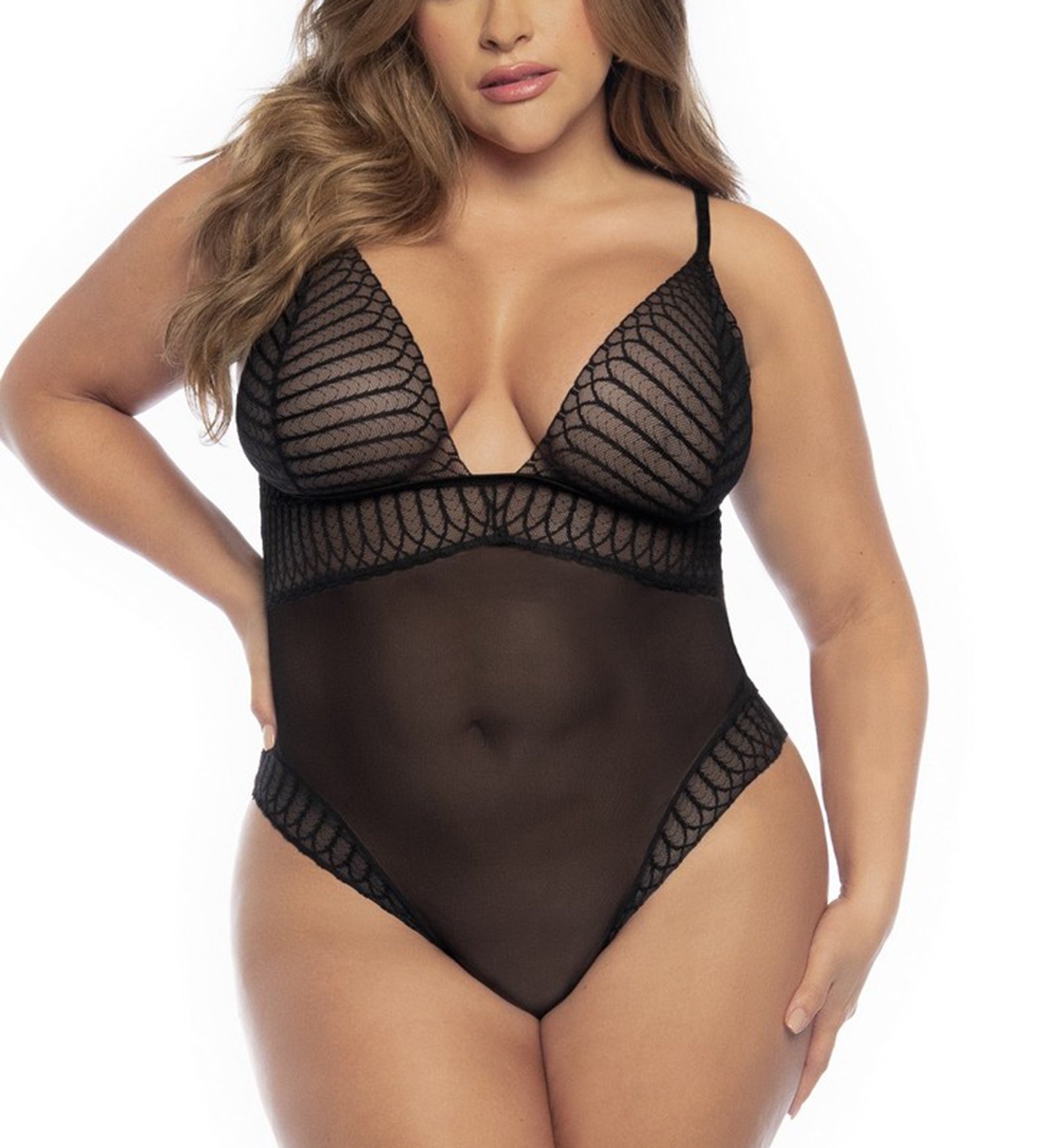Mapale Ruth Geo Sheer Bodysuit PLUS (8790X)3X/4X,Black - Black,3X/4X