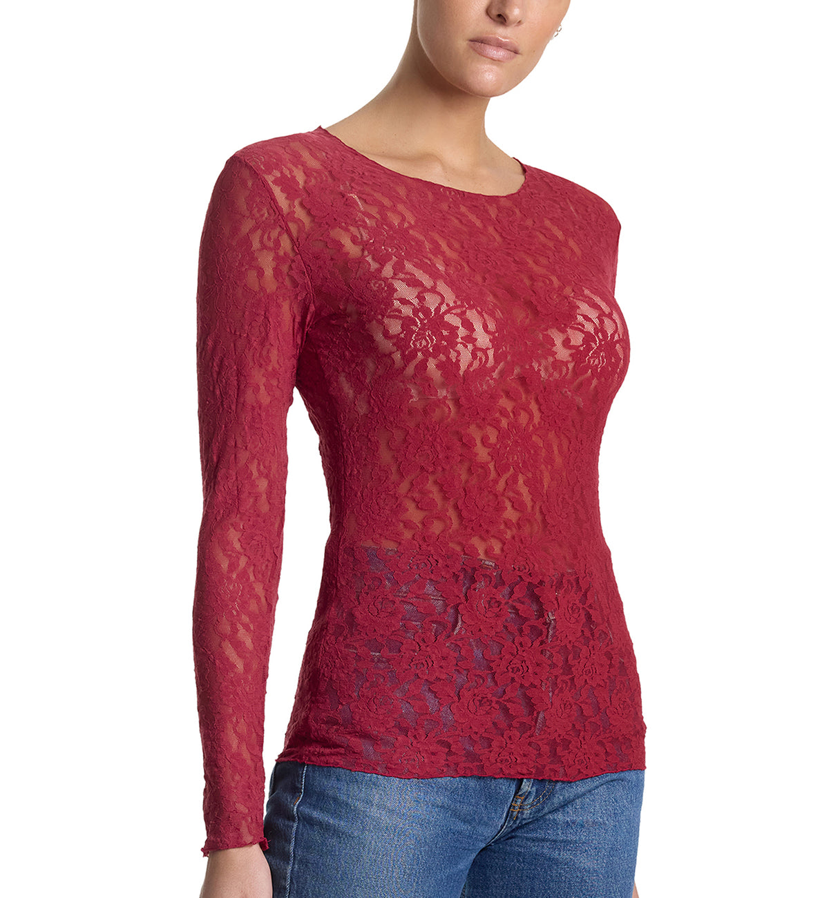 Hanky Panky Signature Lace Unlined Long Sleeve Top (128L),XS,Wild Berries - Wild Berries,XS