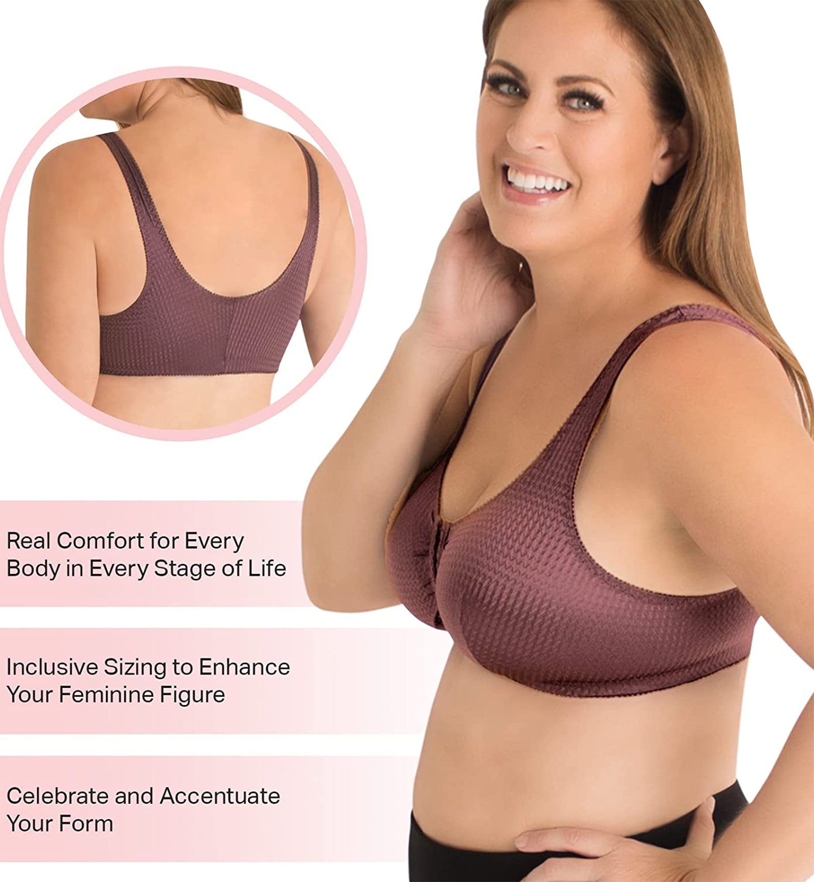 Leading Lady Marlene Zig-Zag Nylon Front Closure Bra (151),38 B/C/D,Wistful Mauve - Wistful Mauve,38 B/C/D