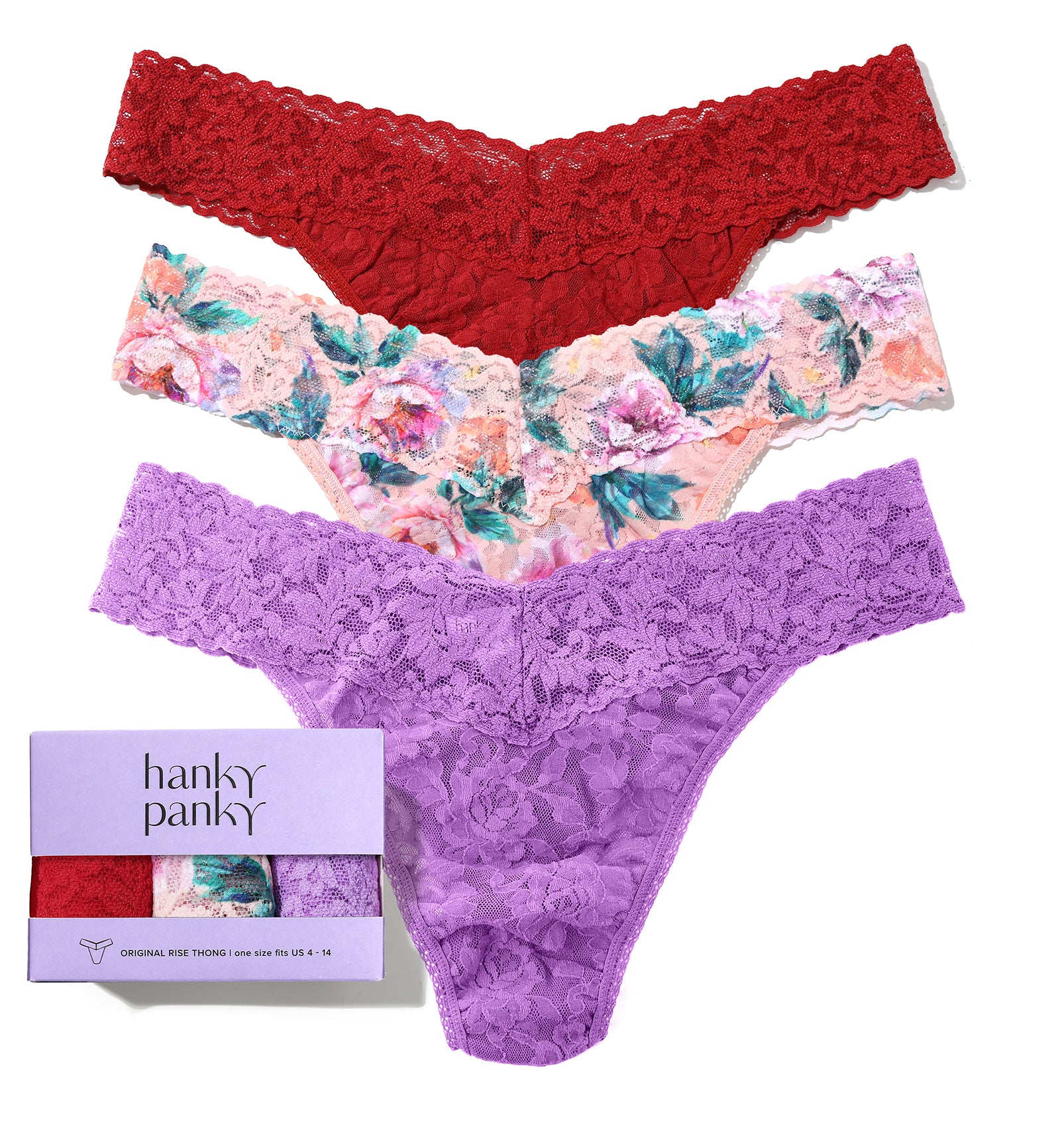 Hanky Panky 3-PACK Signature Lace Original Rise Thong (48113PK),Buy Myself Flowers - Buy Myself Flowers,One Size
