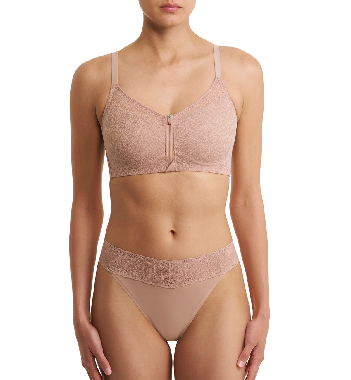 Natori Pretty Smooth Zip Front Pocketed Wireless Bra (760318),XS,Buff - Buff,XS