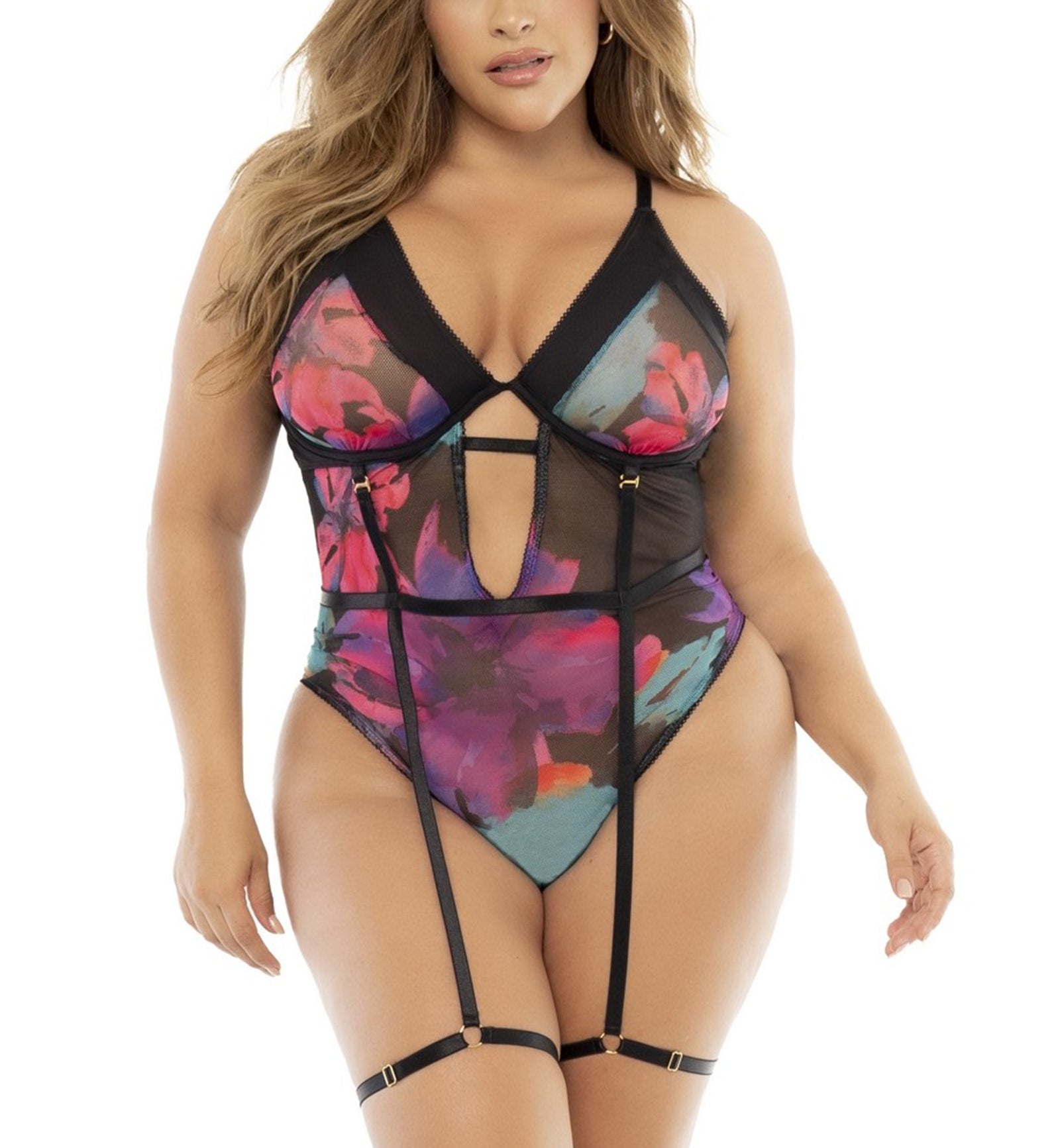 Mapale Underwire Teddy with Strappy Garters PLUS (8774X)3X/4X,Black Dream Flower - Black Dream Flower,3X/4X