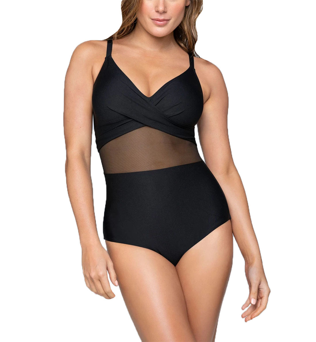 Leonisa Sheer Details Cross Front One Piece Shaping Swimsuit (190858B),Small,Black_locbs - Black,Small