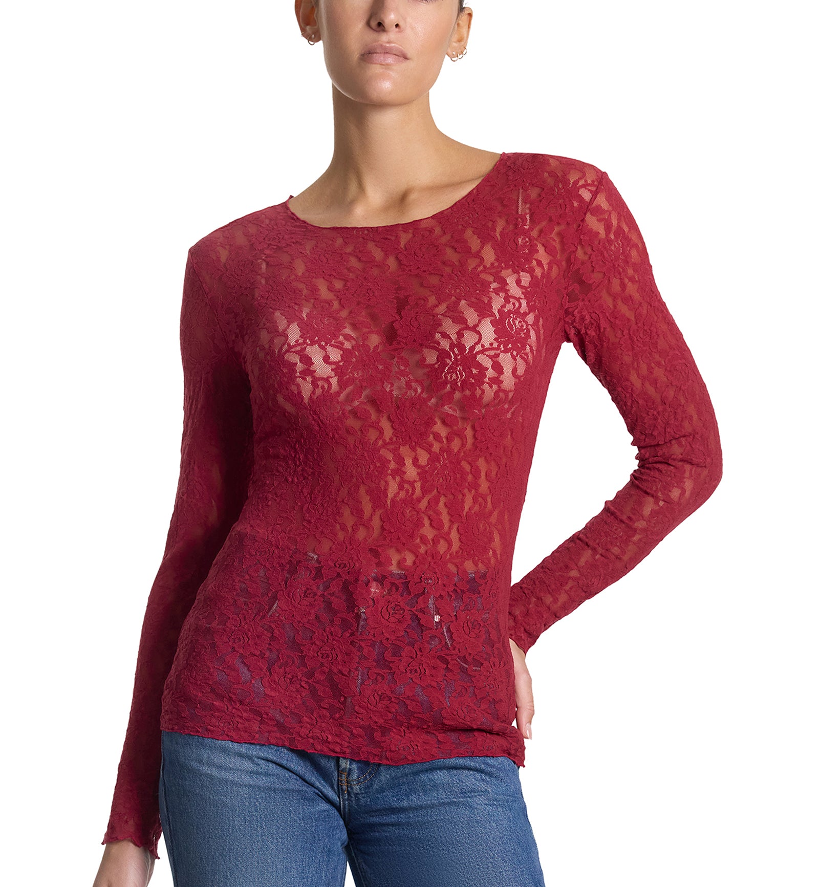 Hanky Panky Signature Lace Unlined Long Sleeve Top (128L),XS,Wild Berries - Wild Berries,XS