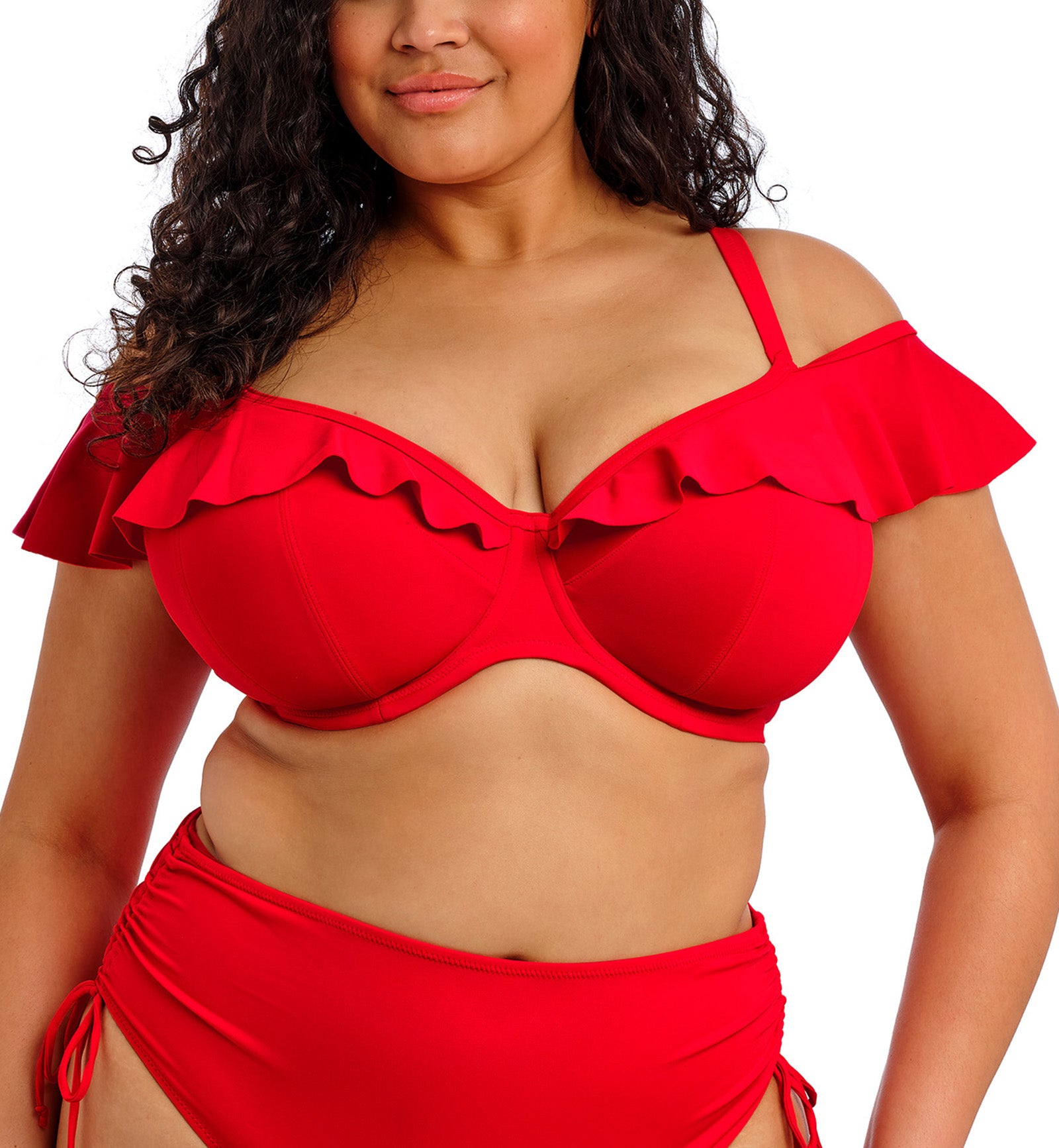 Elomi Plain Sailing Bardot Ruffle Underwire Plunge Bikini Top (ES7282),34G,Lava - Lava,34G