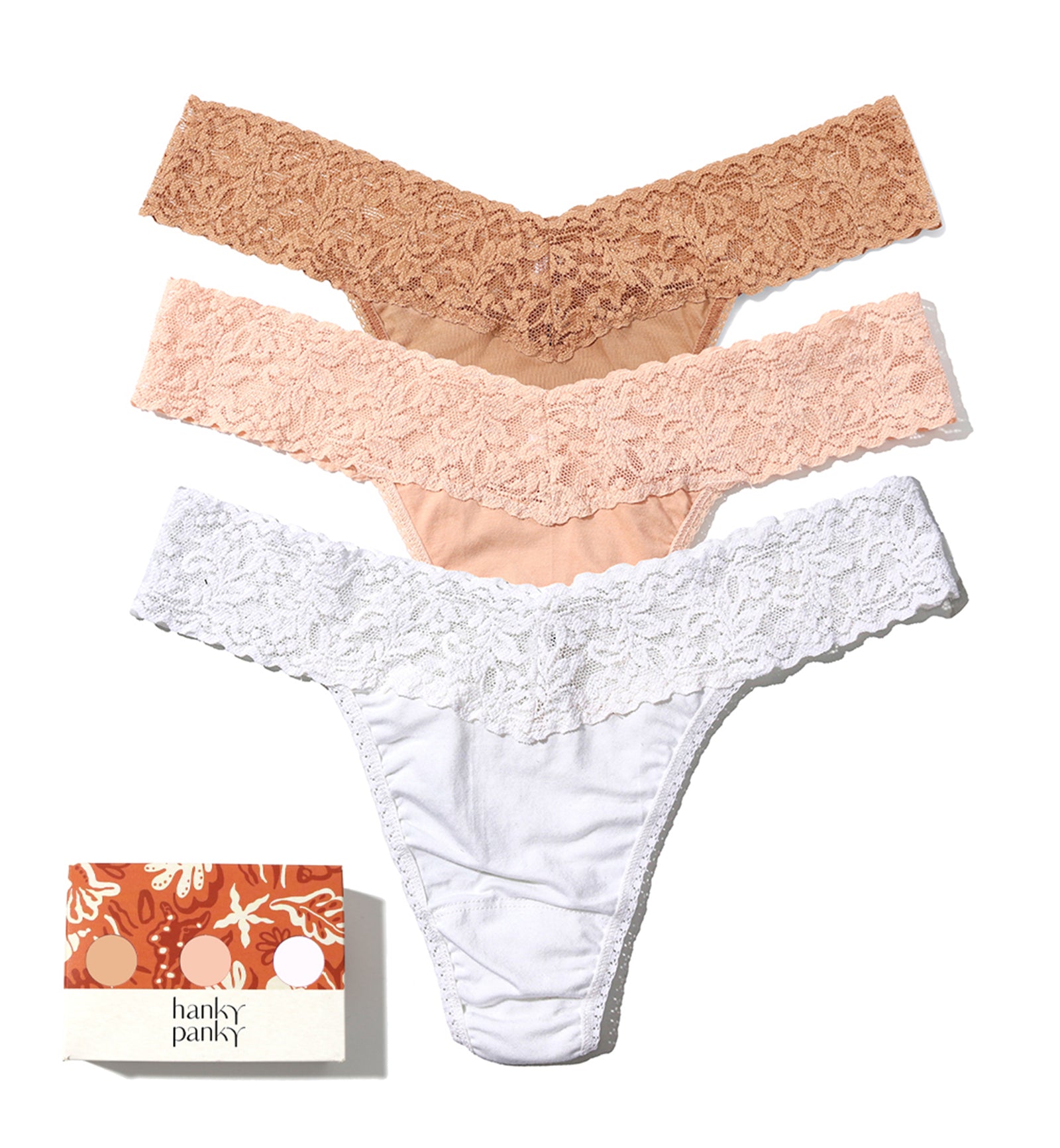Hanky Panky 3-PACK Cotton Original Rise Thong (8918013PK),Sun Tan/Chai/White - Sun Tan/Chai/White,One Size