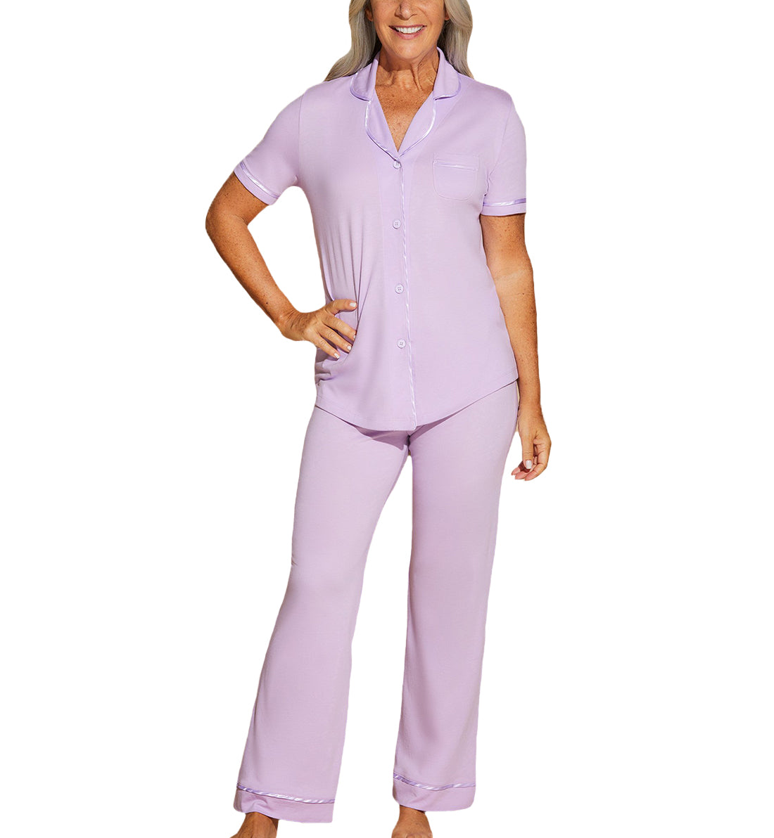 Cosabella Amore Bella Short Sleeve Top & Pant PJ Set (AMORE9645),Small,Icy Violet - Icy Violet,Small