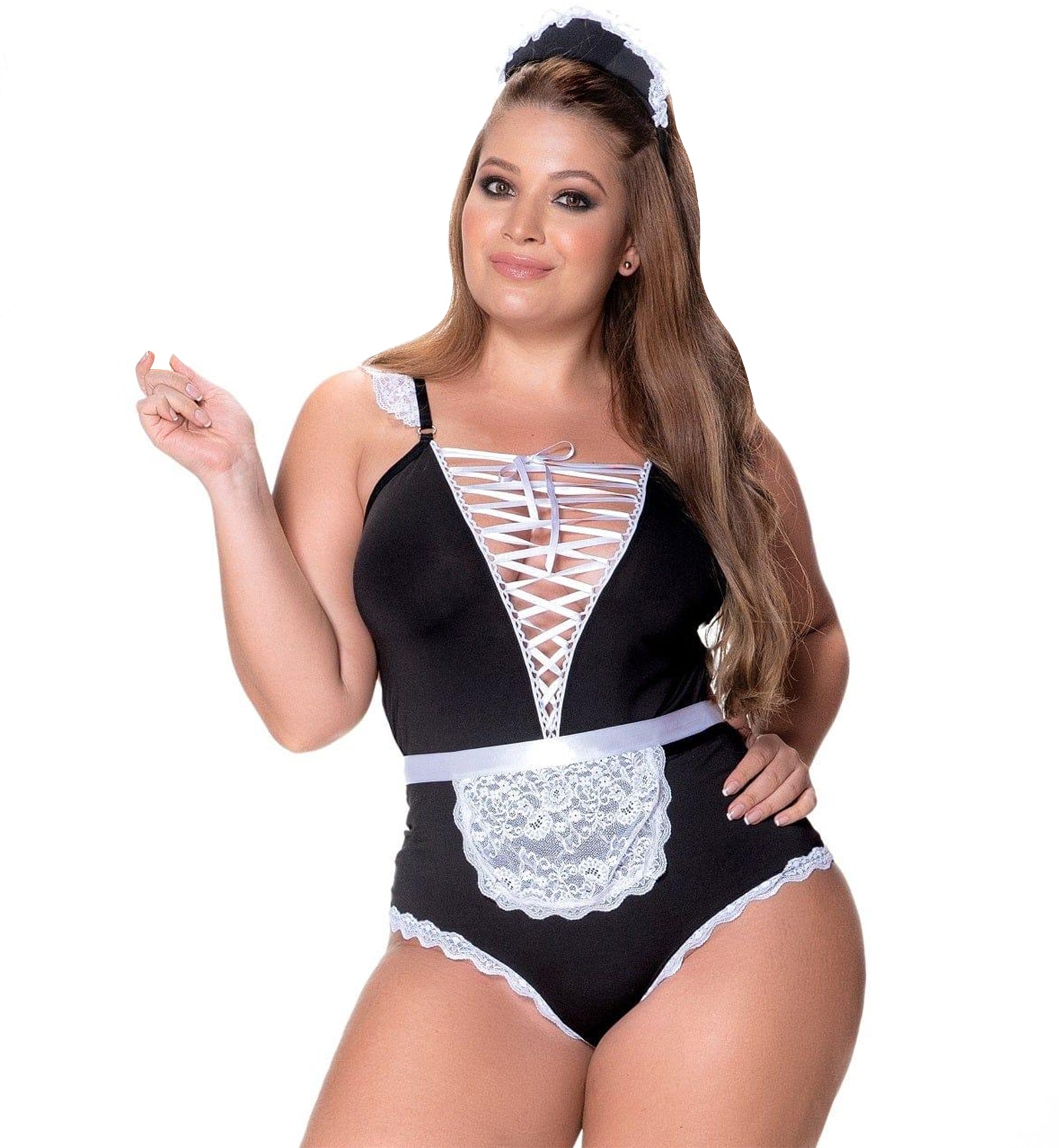 Mapale 3pc French Maid Set PLUS: Bodysuit, Apron, Headpiece (6414X),1X/2X,Black - Black,1X/2X