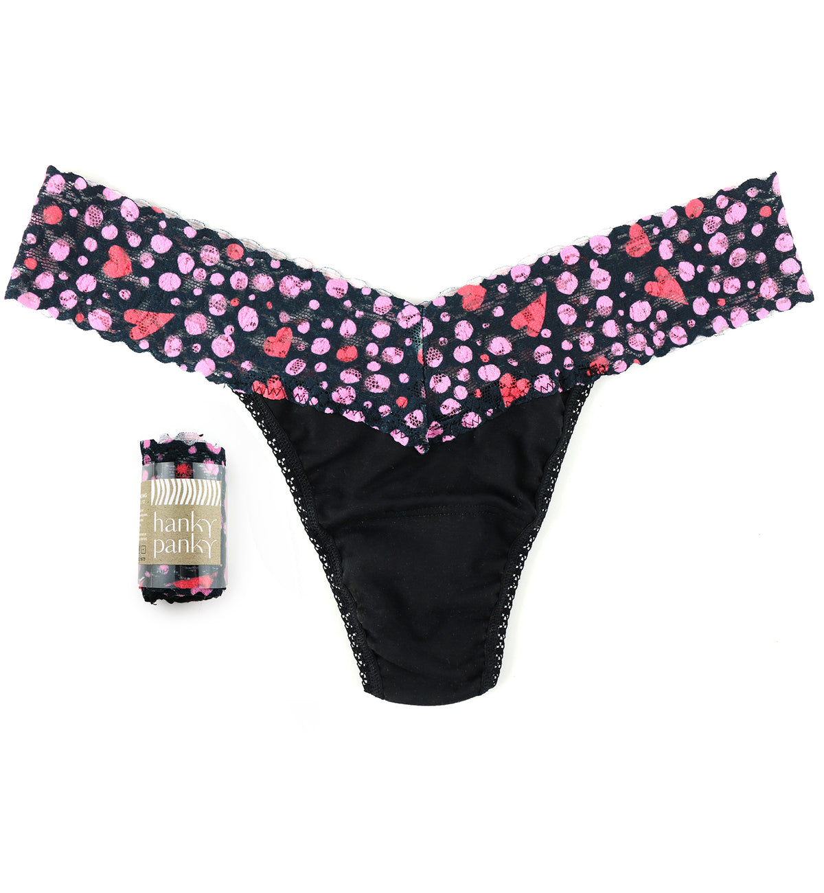 Hanky Panky Cotton-Spandex Low Rise Thong (891582P),Black/Love Nest - Black/Love Nest,One Size