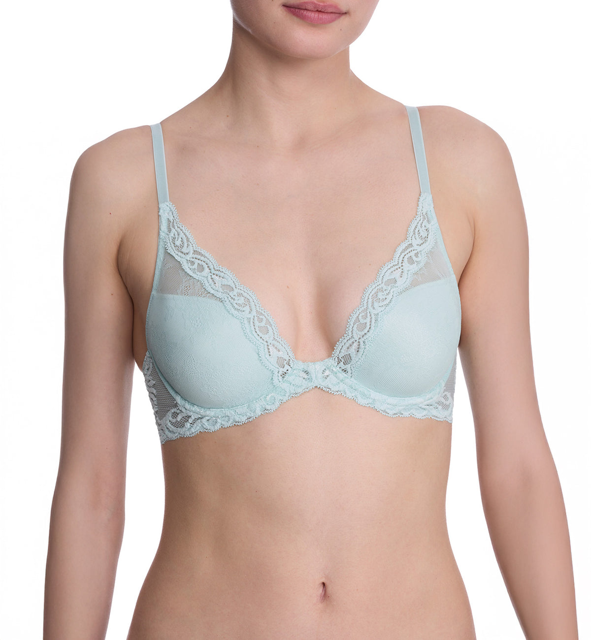 Natori Women's Feathers Contour Plunge Bra - Sheer Lace & Mesh Deep Plunge Bra, Adjustable Straps