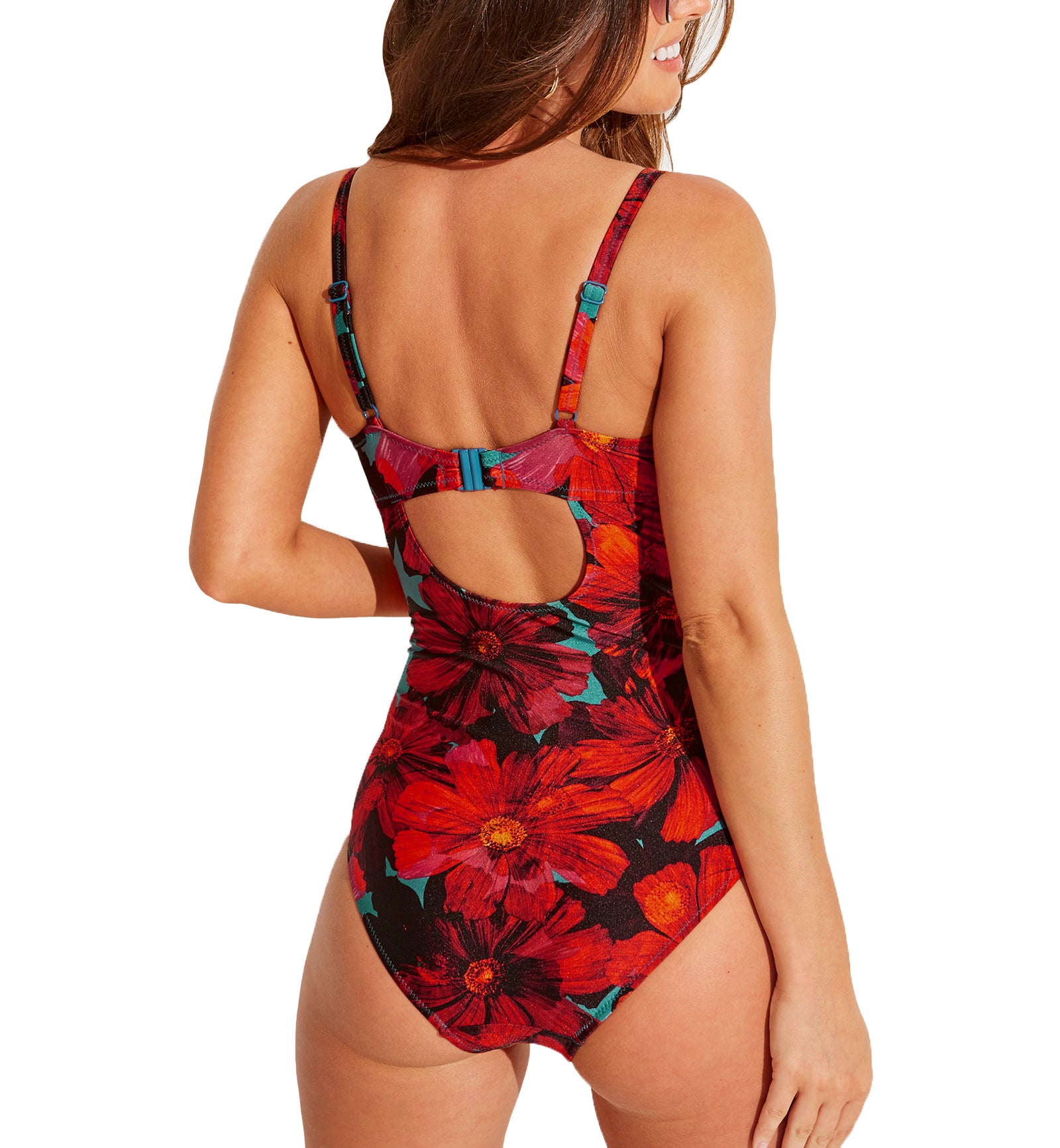 Pour Moi Orchid Luxe Padded Underwire Swimsuit (12907),32F,Red/Teal - Red/Teal,32F