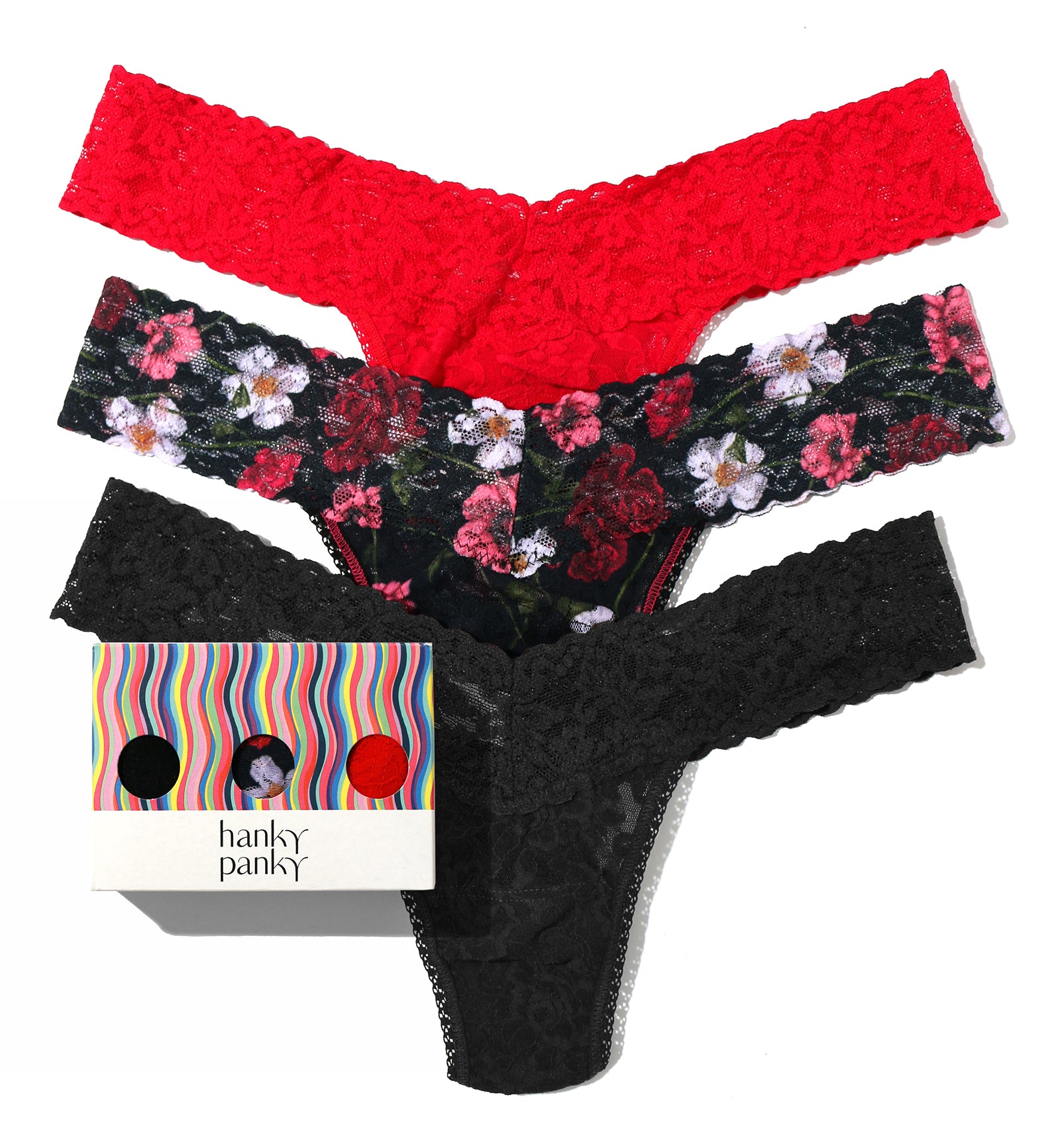 Hanky Panky 3-PACK Signature Lace Low Rise Thong (49113PK),Am I Dreaming - Red/Am I Dreaming/Black,One Size
