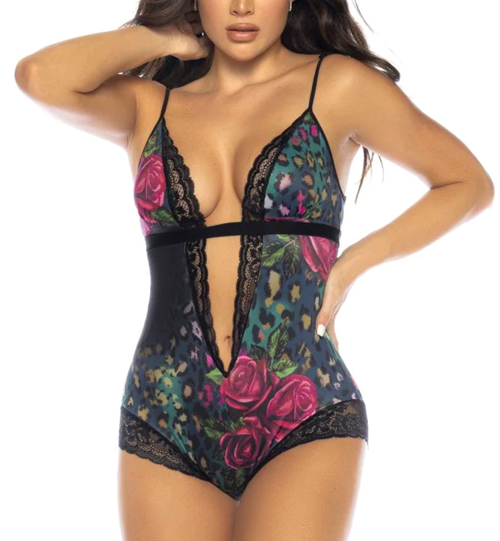 Mapale Plunge Floral and Lace Romper Teddy (7527),S/M,Floral Print - Floral Print,S/M