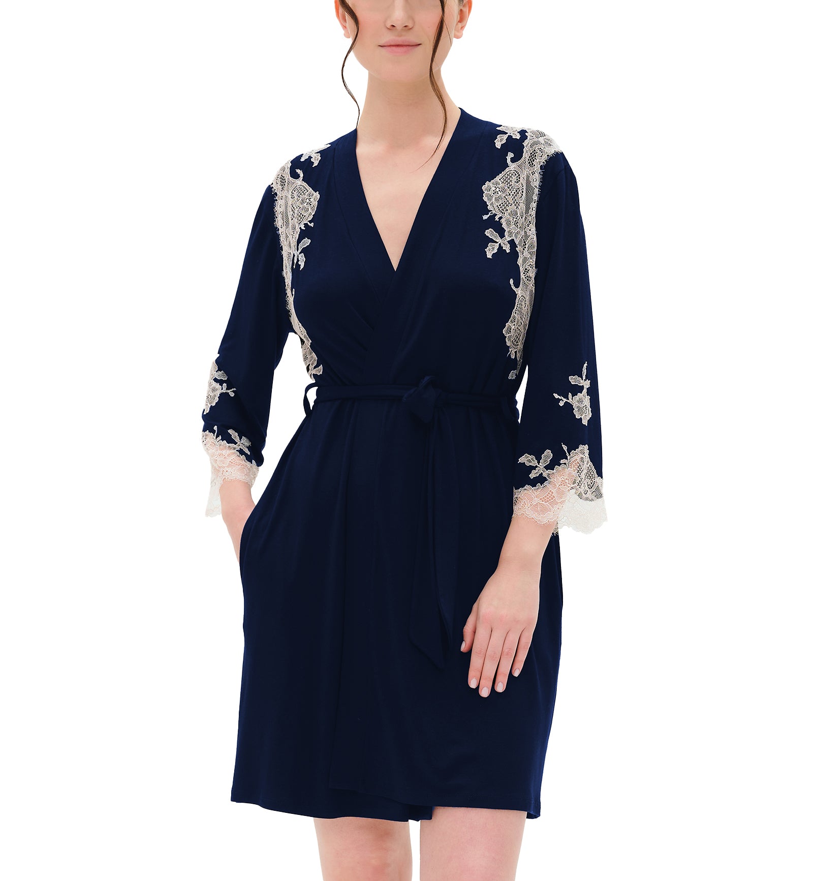 effetto Bamboo Gone With The Wind 3/4 Sleeve Robe (03161),Small,Navy - Navy,Small