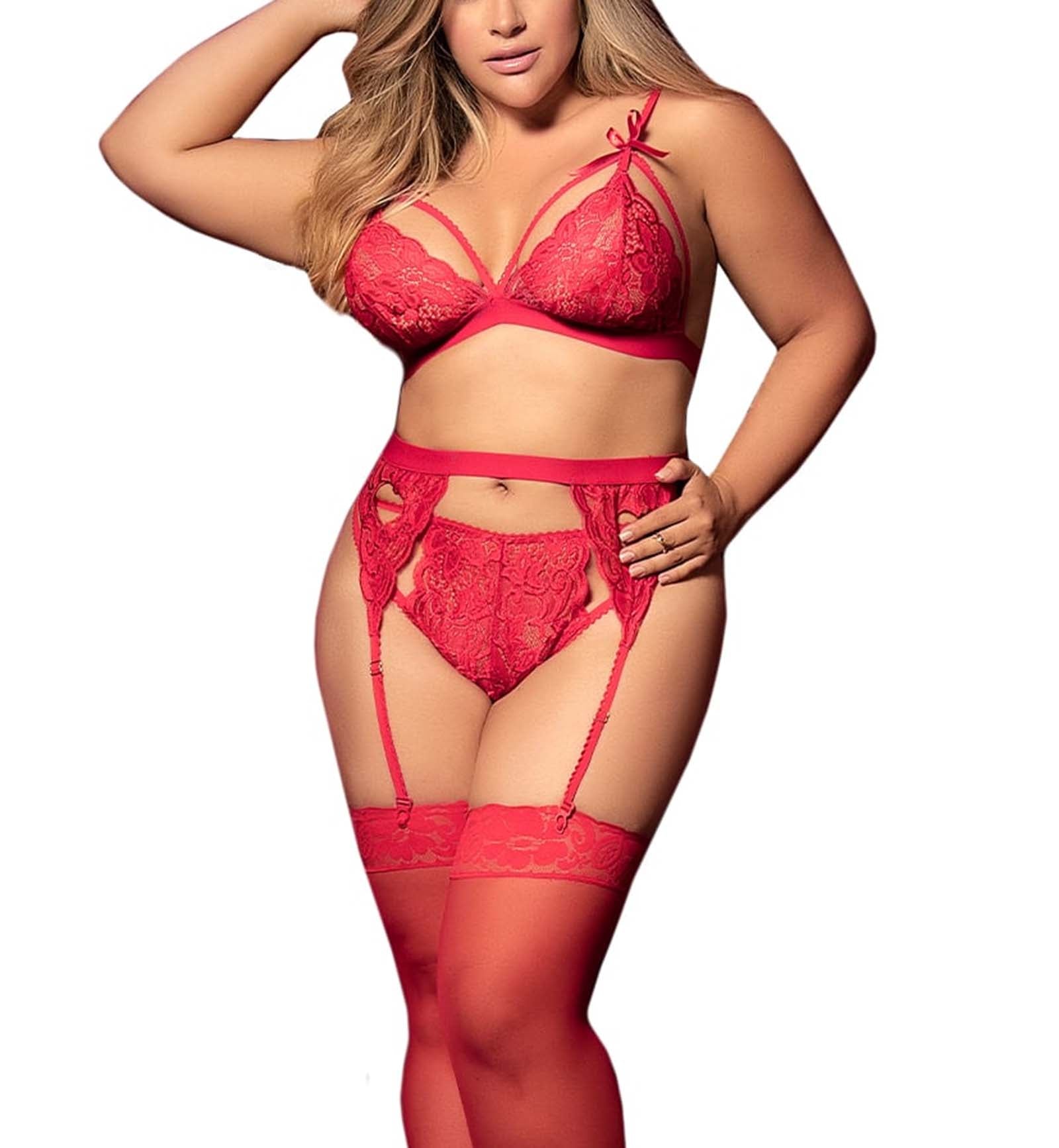 Mapale Lace Hearts 3 Piece Set: Triangle Bra, Garter Belt, Thong PLUS size (8221X),1X/2X,Red - Red,1X/2X
