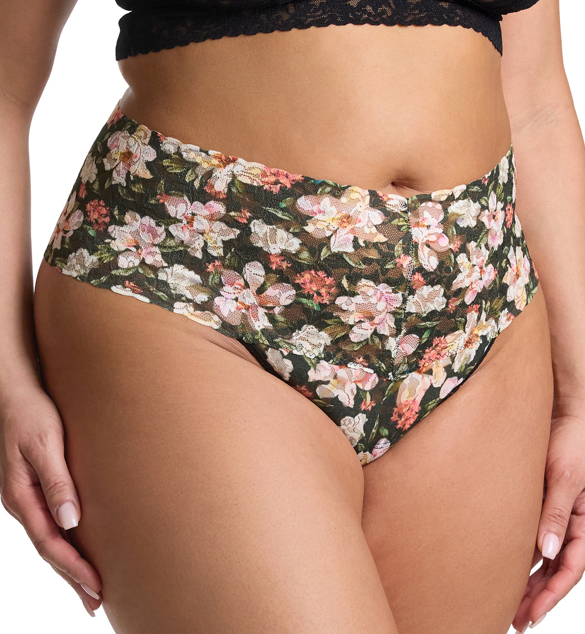 Hanky Panky Plus Size Printed Retro Lace Thong (PR9K1926X),Dark Room Blooms - Dark Room Blooms,One Size