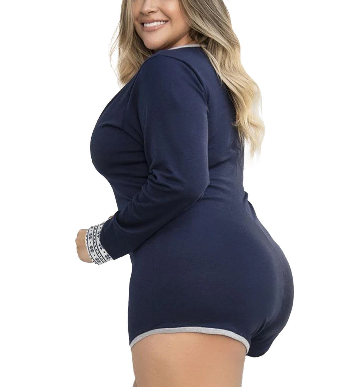 Mapale Cheeky Cut Soft Cotton Long Sleeve Sleep Romper PLUS (7233X),1X/2X,Blue - Blue,1X/2X